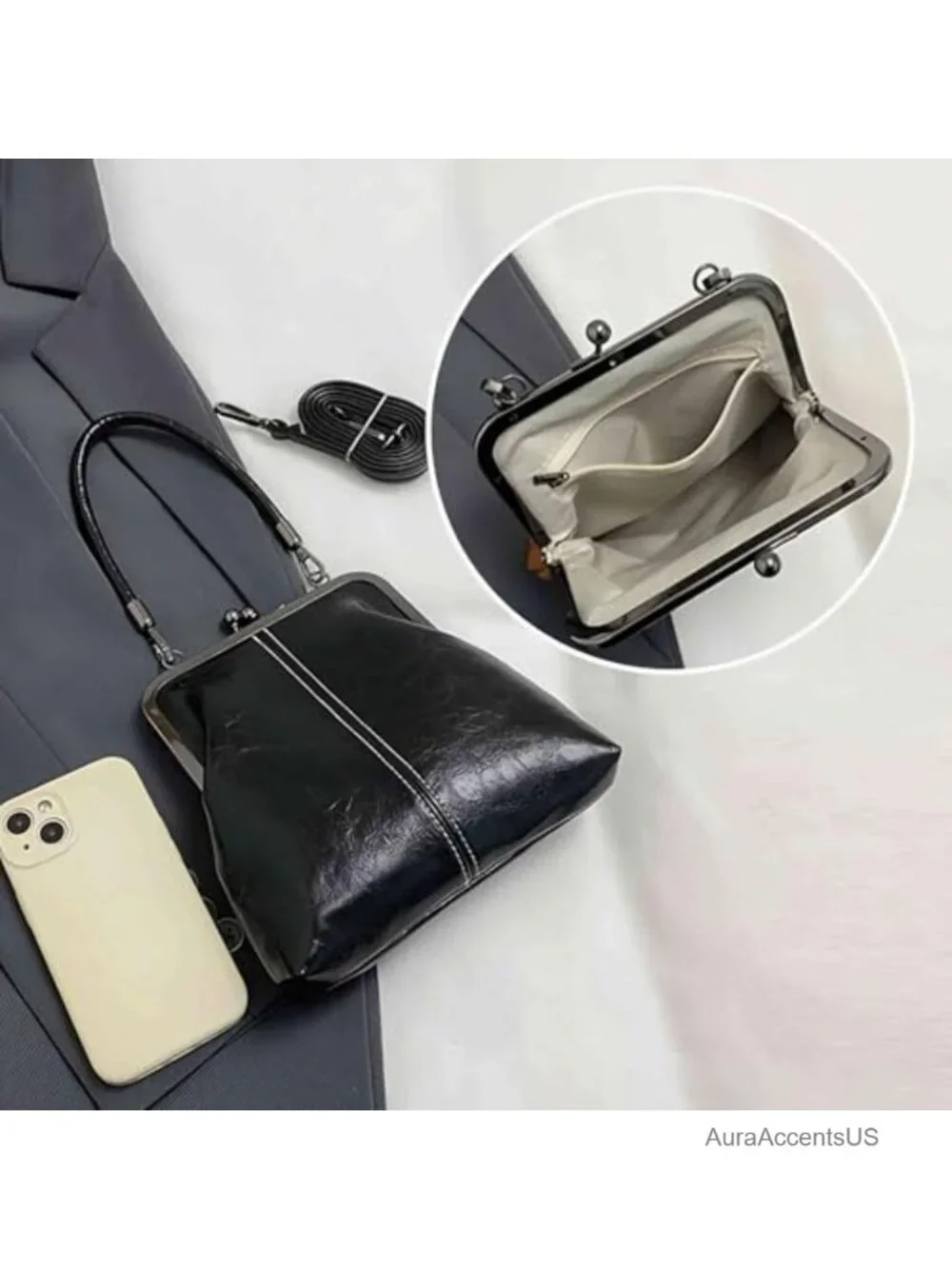 Vintage Kiss Lock Crossbody Purse Faux Leather Small Structured Bag